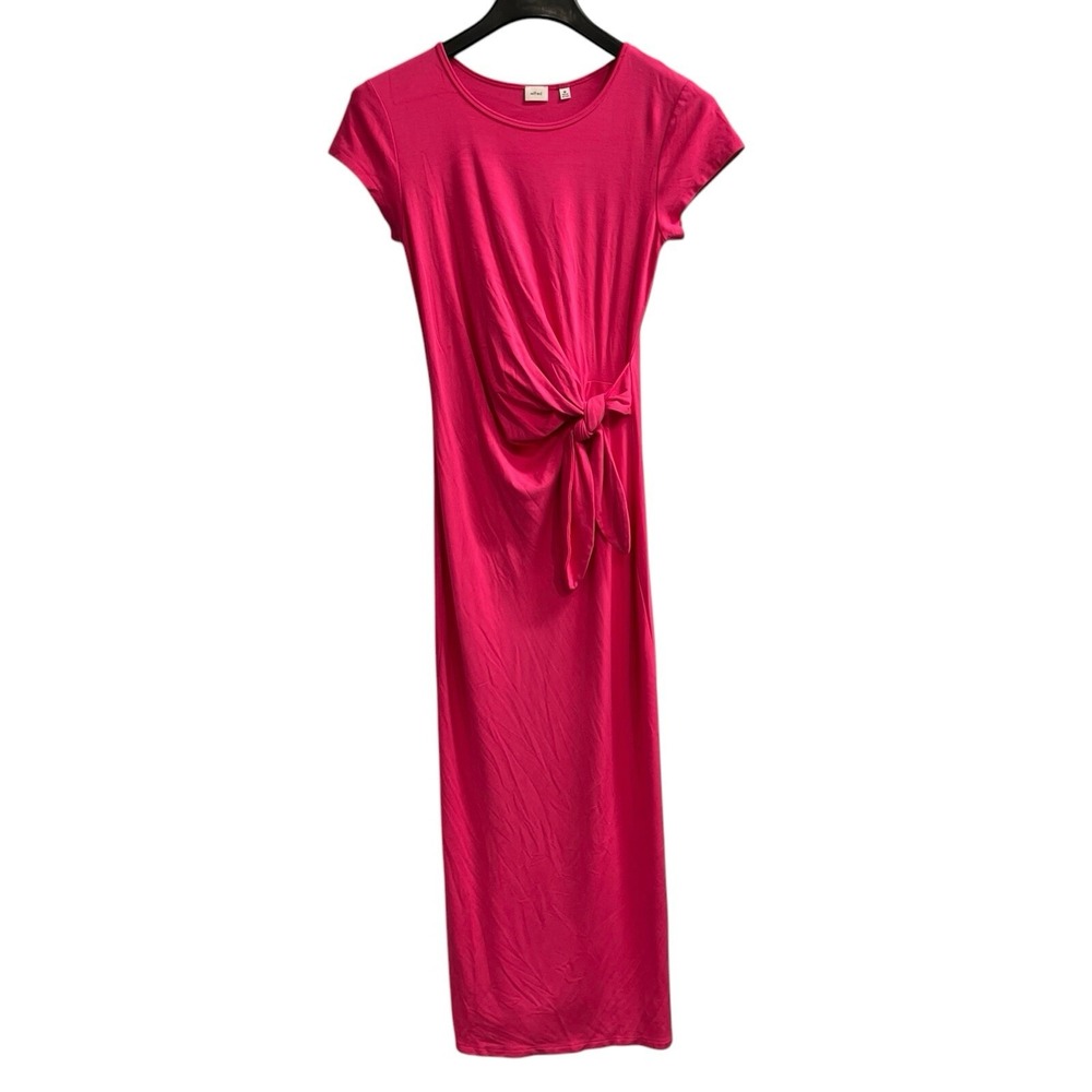 Wilfred Aritzia Dress Women M Fortune Pink Jersey Knit Maxi Ruched Waist Tie‎